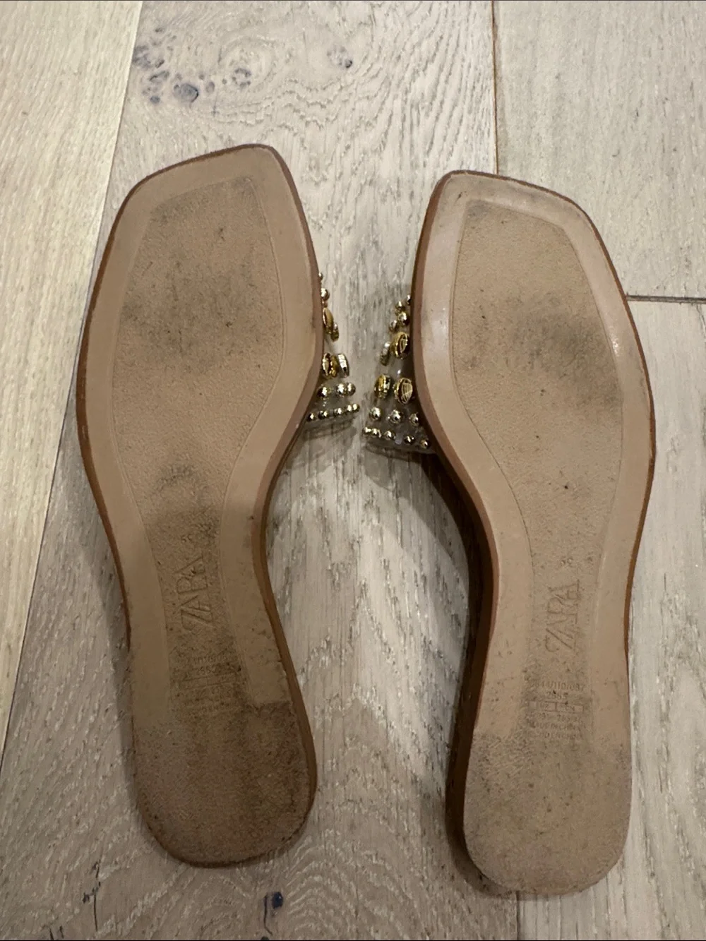 Zara Beige Slide Sandals with Gold Studs